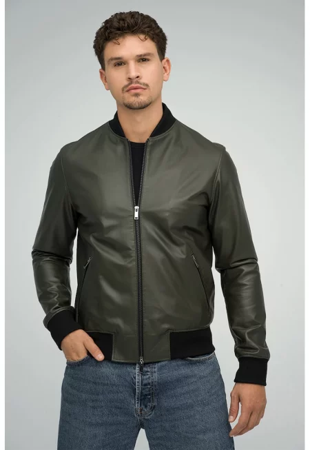 Кожено яке с джобове с цип - Каки