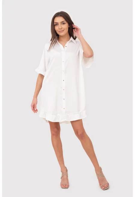 Кремава рокля тип риза с волани и златни копчета DA1774 CREAM