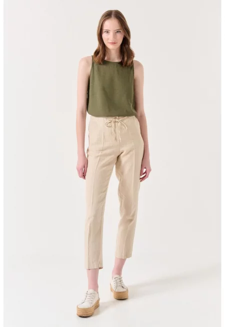 Ленен панталон с висока талия - Светло бежово