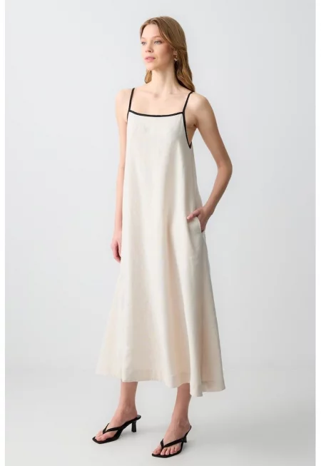 Ленена миди рокля - Черен/Мръснобял