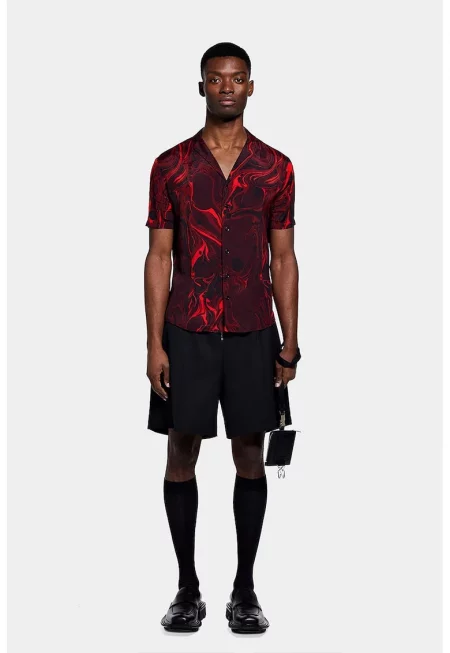 лятна риза - къс ръкав - с принт канава - Червен