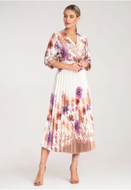 Midi рокля  на цветя - бяла с колан - сатен - елегантна - за специални поводи - SM