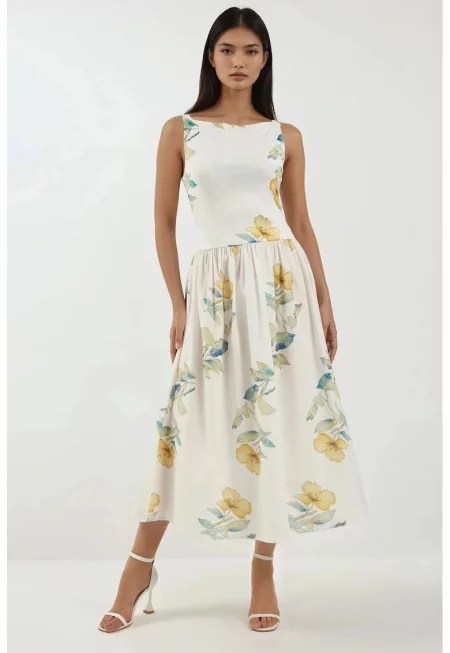 Миди рокля -  щампа - деколте тип лодка - бяла - текстил