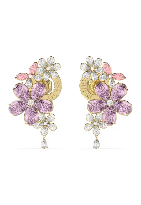 Обеци от неръждаема стомана с флорален дизайн - Виолетов/Прозрачен