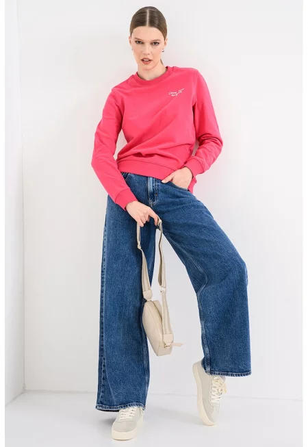 Памучен суитшърт с овално деколте - Фуксия
