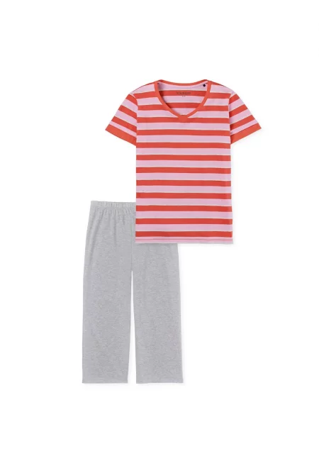 Памучна пижама с райе - Червен/Сив/Розово