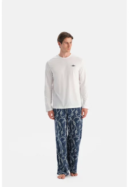 Памучна пижама с шарка - Тъмносин - Мръснобял -