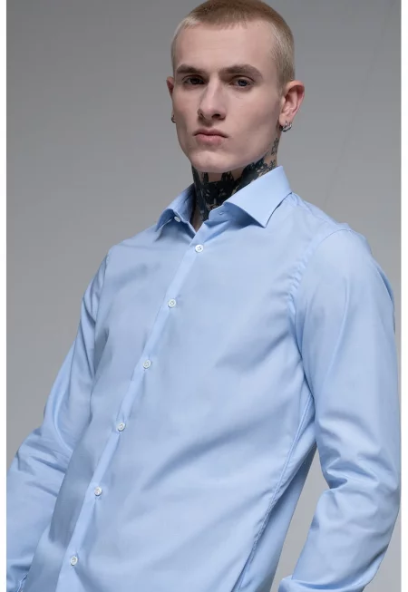 Памучна риза с дълги ръкави - Светлосин