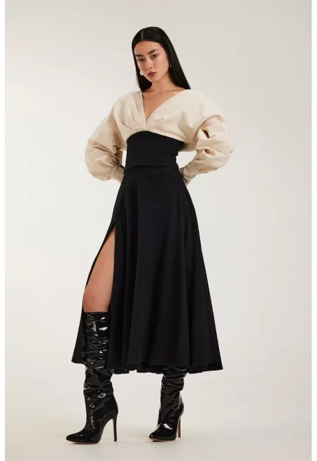 Памучна рокля Signora с шпиц и цепка - Черен/Светло бежово