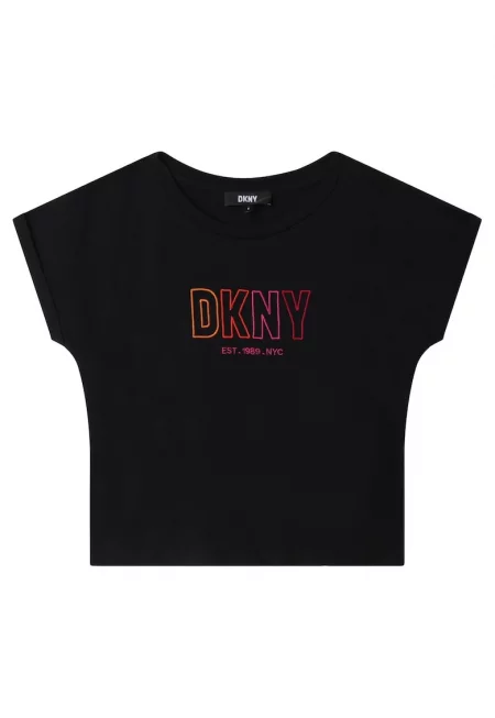 Памучна тениска с бродирано лого - Черен/Жълт/Оранжев