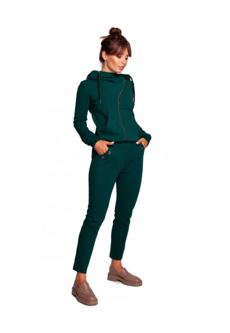 Панталон с прави крачоли с декоративна мрежа - Памук/Еластан - Тъмнозелен