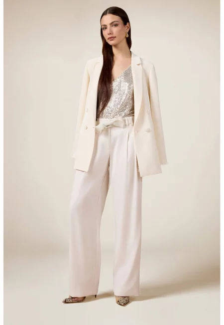 Панталон с широк крачол и колан - Слонова кост