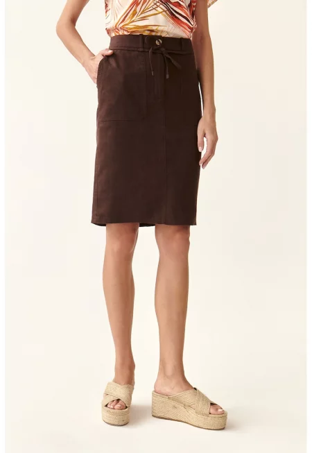 Пола от лен с висока талия - Тъмнокафяв