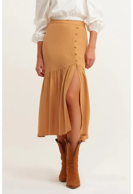 Пола от лиосел с волани и със странична цепка - Светлокафяв