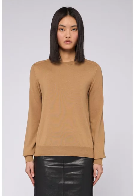 Пуловер от необработена вълна с овално деколте - Тъмнобежово