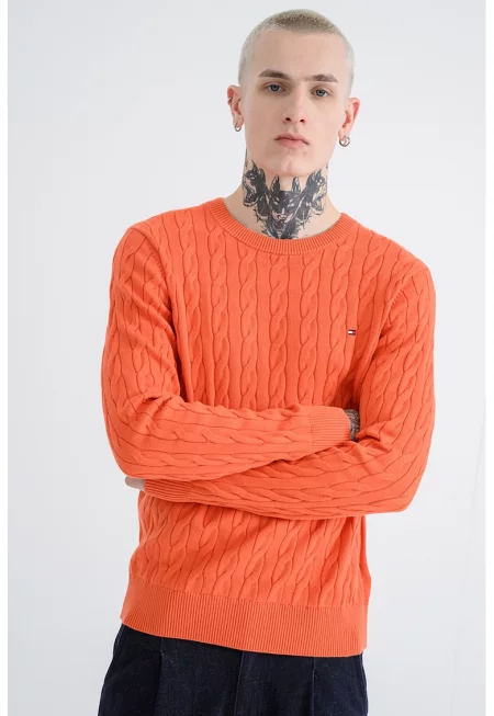 Пуловер от органичен памук с плетка осморка - Оранжев