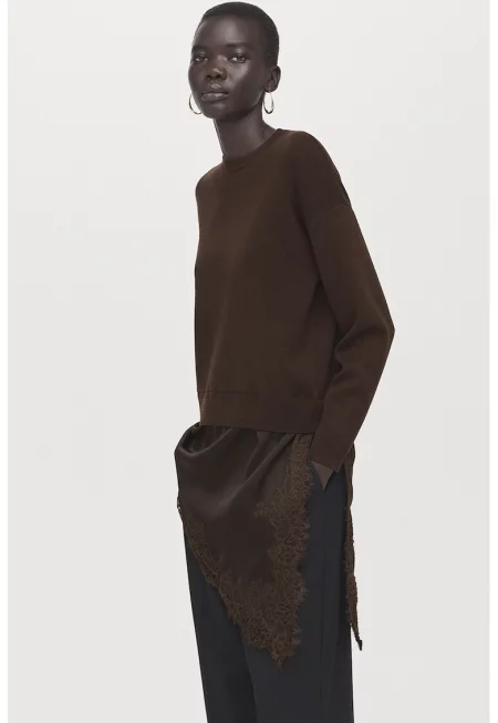 Пуловер с асиметричен подгъв и дантела - Тъмнокафяв
