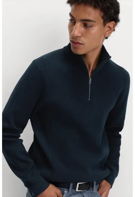 Пуловер с къс цип - Петролно синьо