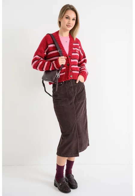 Раирана жилетка с шпиц - Червен/Коняк кафяв/Розово