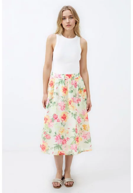 Разкроена миди пола с лиосел - Червен/Зелен/Бежов