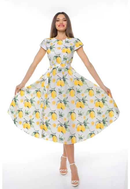 Разкроена рокля с къси ръкави - Бял/Зелен/Жълт