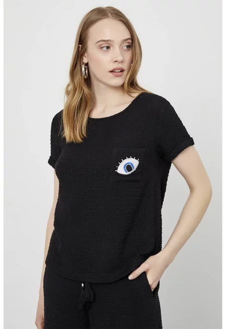 Релефна блуза с джоб - Черен