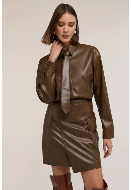 Риза от еко кожа с дълги ръкави - Тъмнокафяв