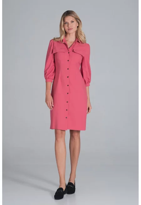 Рокля риза  3/4 буфан ръкав - цвят корал - полиестер