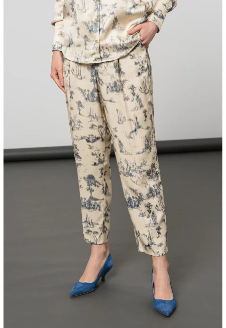 Сатиниран панталон със стеснен крачол - Слонова кост/Прашно синьо