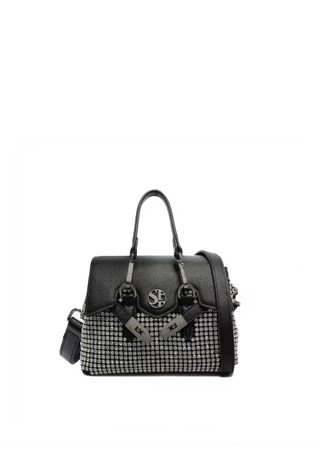 SECRET PON PON. - Чанта за рамо от еко кожа с декоративни камъни - Черен