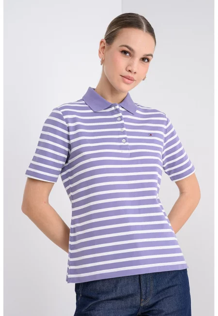 Стандартна тениска с яка и лого - Бял/Бледовиолетов