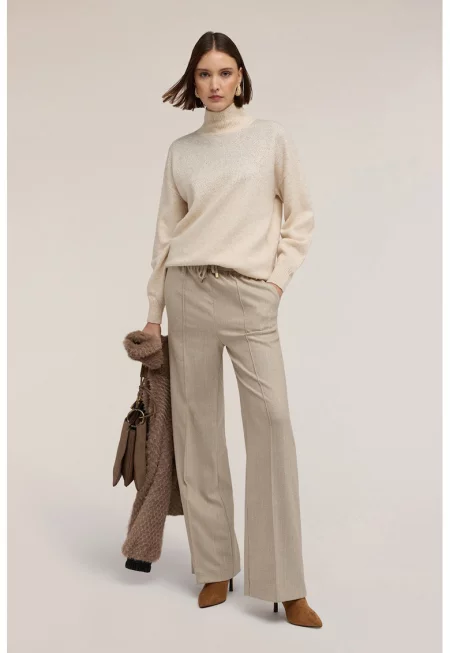 Свободен панталон с ръб и връзка - Светло кафяво