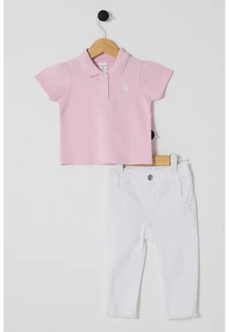 Тениска с яка и панталон - 2 части - Пастелнорозов/Бял