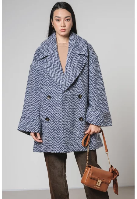 Уголемено палто с вълна - Бял/Тъмносин