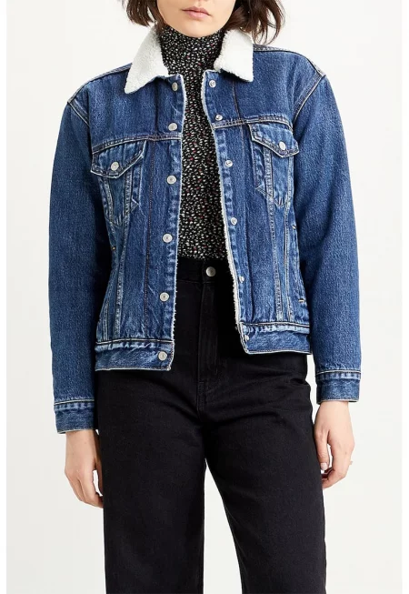 Яке Sherpa от деним с джобове на гърдите - Бял/Син