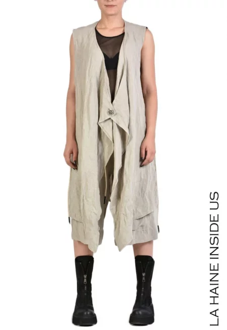 Асиметрична ленена жилетка - подвижен колан - закопчаване с копче - Бежов