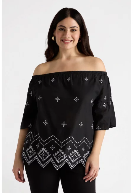 Блуза с голо рамо и принт - Черен/Бял