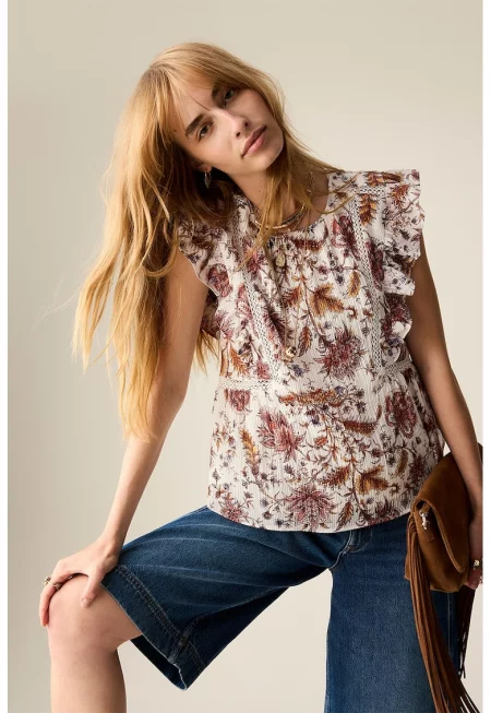 Блуза с набирания и принт - Бял/Кафяв/Крем