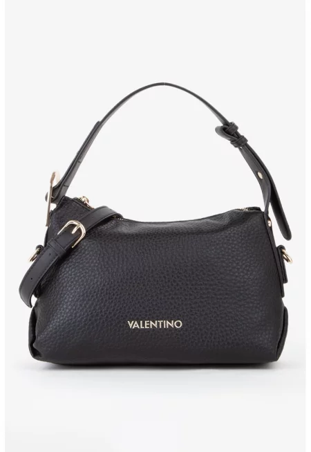 Чанта през рамо от еко кожа с метално лого - Черен