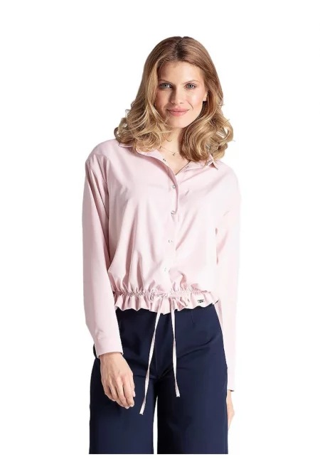 Дамска риза  M647 в розов цвят - с дълъг ръкав - изразителен дизайн - полиестер