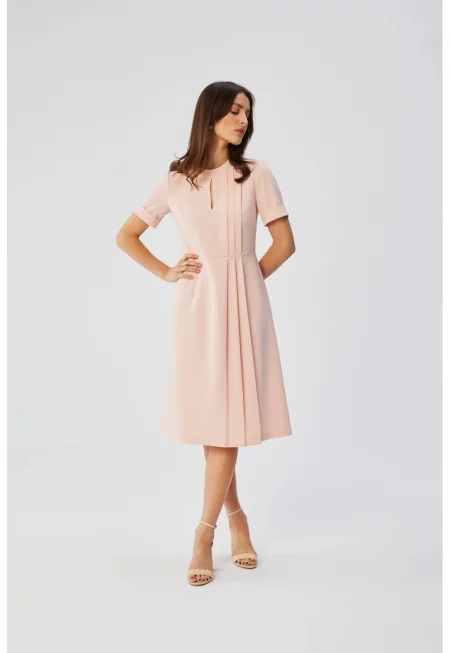 Дамска рокля - с декоративни странични плисета - Полиестер - Червена