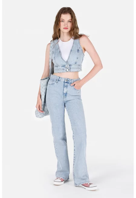 Дънки деграде с висока талия - Светлосин