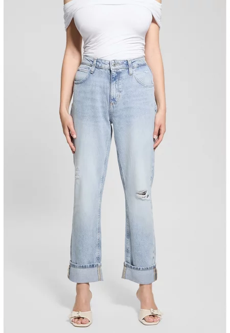 Дънки с лиосел с висока талия и захабен ефект - Светлосин