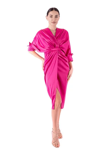 Драпирана рокля с 3/4 ръкави - Фуксия