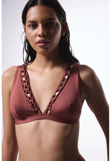 Горнище на бански с декоративни мъниста - Коняк кафяв