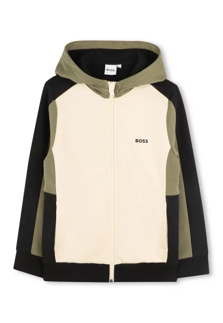 Худи с цип и лого - Черен/Бледозелен/Светло бежово