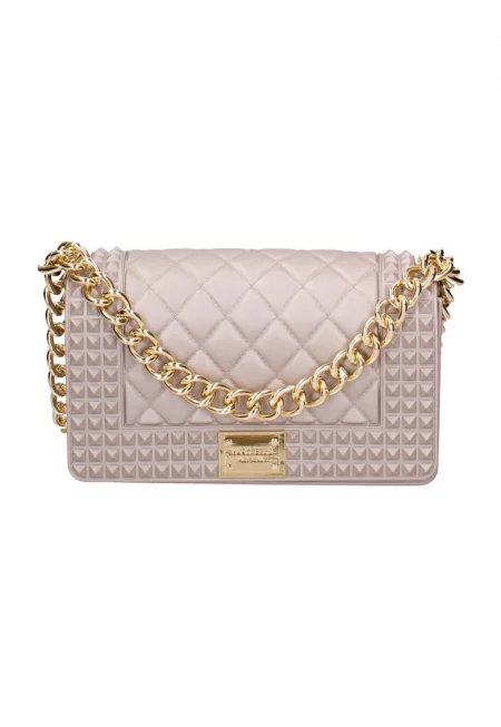 Капитонирана чанта през рамо с презрамка-верижка с протектор - Златист/Светло сив