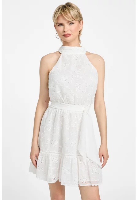 Къса рокля с бродерии - Мръснобял