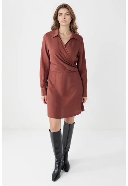 Къса застъпена рокля - Канелено кафяво