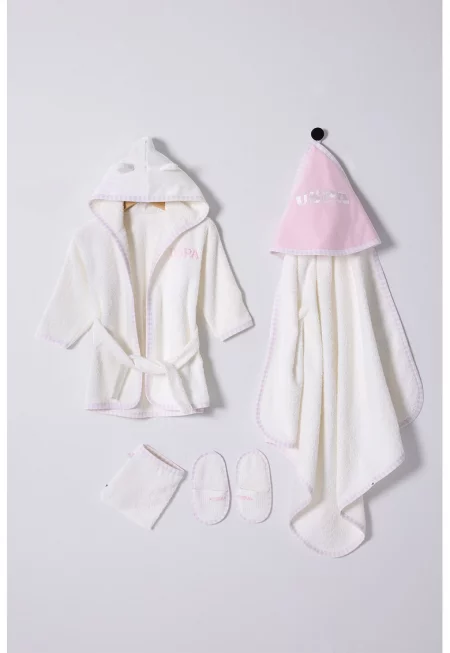 Комплект  Чехли - Халат с качулка и кърпа - 4 броя - Пастелнорозов/Мръснобял